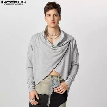 INCERUN Мужские футболки с длинным рукавом и перекрестной молнией спереди 4XL чёрный