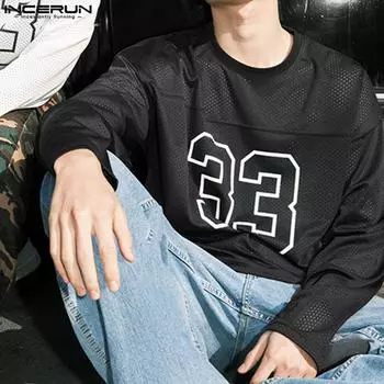 INCERUN Мужские футболки с длинным рукавом и принтом, прозрачные сетчатые топы XL чёрный