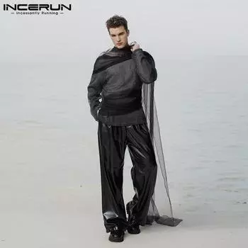 INCERUN Мужские футболки с длинным рукавом и блестками, топы в стиле пэчворк для вечеринок L вино красного