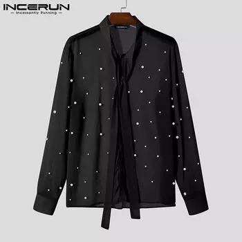 INCERUN Мужские футболки с длинным рукавом и кружевным воротником, украшенные жемчугом S