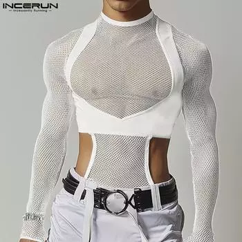 INCERUN Мужские футболки с длинным рукавом в сеточку с вырезом и прозрачным узором S