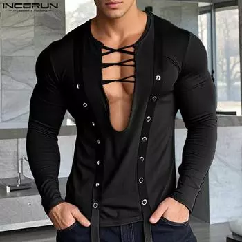 INCERUN Мужские футболки с глубоким U-образным вырезом, облегающие топы с длинным рукавом 3XL чёрный