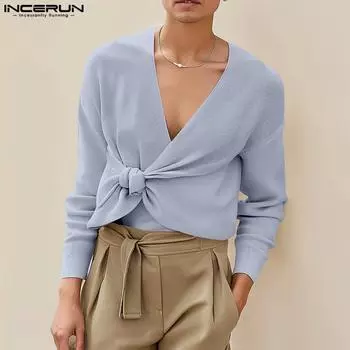 INCERUN Мужские футболки с глубоким V-образным вырезом и длинными рукавами с перекрестной повязкой спереди L чёрный