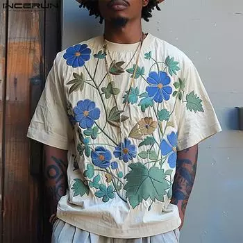 INCERUN Мужские футболки с коротким рукавом и цветочным принтом с круглым вырезом S бежевый