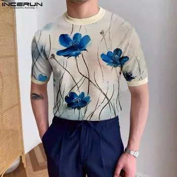 INCERUN Мужские футболки с коротким рукавом и цветочным принтом с круглым вырезом Летние топы в стиле пэчворк 2XL зелёный