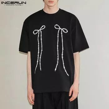 INCERUN Мужские футболки с коротким рукавом и цветочным принтом с круглым вырезом, повседневные топы S чёрный