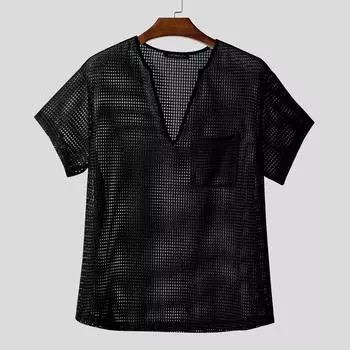 INCERUN Мужские футболки с коротким рукавом, сетчатые, прозрачные, с вырезами, пляжные топы M