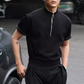 INCERUN мужские футболки с короткими рукавами и воротником-стойкой на молнии