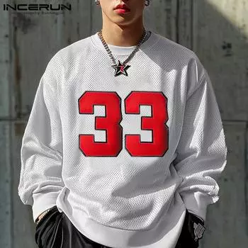 INCERUN Мужские футболки с круглым вырезом и принтом букв, прозрачные топы с вырезами S чёрный