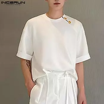 INCERUN Мужские футболки с круглым вырезом и коротким рукавом в стиле ретро с пуговицами, повседневные однотонные летние топы M чёрный