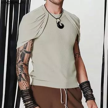 INCERUN Мужские футболки с круглым вырезом и коротким рукавом в стиле пэчворк, повседневные однотонные трикотажные топы S чёрный