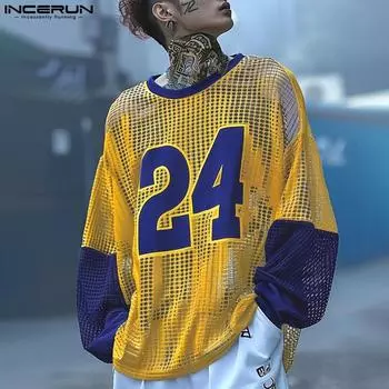 INCERUN Мужские футболки с круглым вырезом и принтом в стиле пэчворк с буквами, свободные, прозрачные S жёлтый