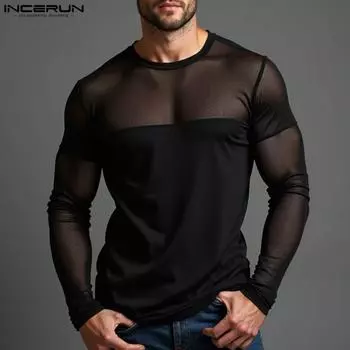 INCERUN Мужские футболки с круглым вырезом и длинным рукавом, сетчатые, прозрачные, с клубными топами S чёрный