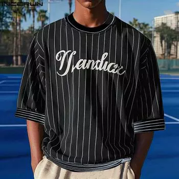 INCERUN Мужские футболки с круглым вырезом и рукавом 3/4 в полоску с принтом и строчкой, летние топы S