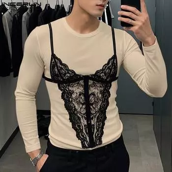 INCERUN Мужские футболки с круглым вырезом и длинным рукавом с принтом Повседневные футболки Майки S белый