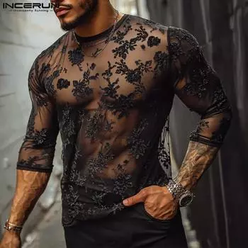 INCERUN Мужские футболки с кружевной сеткой и рукавом 3/4, прозрачные топы для клубной вечеринки S