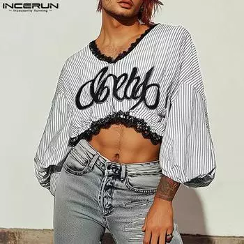 INCERUN Мужские футболки с кружевным подолом и V-образным вырезом, длинным рукавом и буквенным принтом, повседневные укороченные топы в полоску L белый