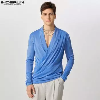 INCERUN Мужские футболки с V-образным вырезом и длинным рукавом, блестящие спереди, прозрачные топы S чёрный