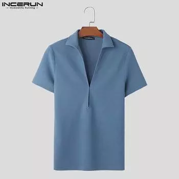 INCERUN Мужские футболки с V-образным вырезом и коротким рукавом, повседневные летние текстурные топы 4XL чёрный