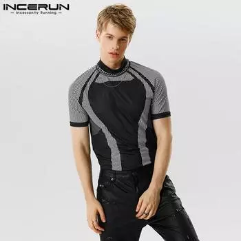 INCERUN Мужские футболки с воротником-стойкой и принтом, футболка с короткими рукавами для велоспорта на открытом воздухе