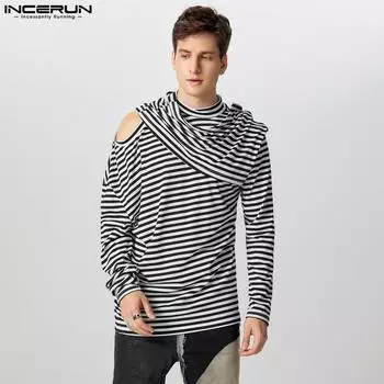 INCERUN Мужские футболки с высоким воротником-хомутиком и длинными рукавами в полоску с лоскутным узором XL чёрный