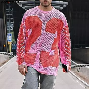 INCERUN Мужские футболки свободного покроя с круглым вырезом и буквенным принтом, прозрачные топы с вырезами S розовый