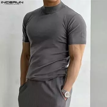 INCERUN Мужские футболки узкие однотонные топы с короткими рукавами 3XL чёрный