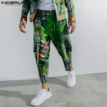 INCERUN мужские гавайские летние брюки на молнии с принтом листьев, праздничные пляжные брюки 5XL зелёный