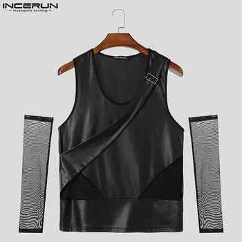 INCERUN Мужские гладкие повседневные майки без рукавов с сетчатым принтом и прозрачными нарукавниками S