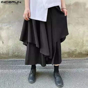 INCERUN Мужские готические прямые брюки с юбкой, плиссированные брюки в стиле фартука, нестандартные брюки S чёрный
