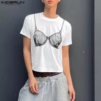 INCERUN Мужские и женские футболки с коротким рукавом и круглым вырезом с принтом, повседневные летние футболки L белый
