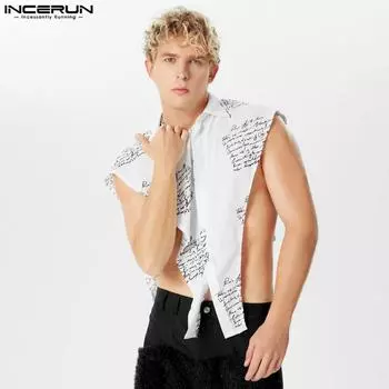 INCERUN Мужские и женские рубашки с шалью и накидкой без рукавов с буквенным принтом S чёрный