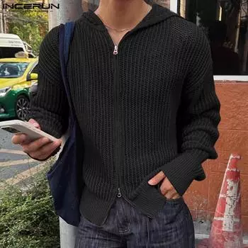INCERUN Мужские кардиганы осень-зима с длинным рукавом и капюшоном на молнии M чёрный