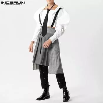 INCERUN Мужские килты с подтяжками и плиссированными ремнями в стиле пэчворк