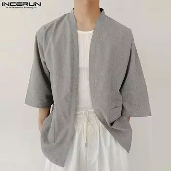 INCERUN Мужские кимоно с рукавами 3/4, однотонные повседневные свободные пальто