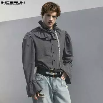 INCERUN Мужские клетчатые рубашки с длинными рукавами и рюшами XL чёрный