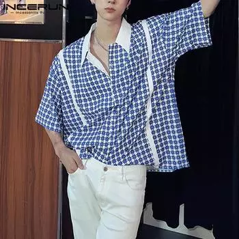 INCERUN Мужские клетчатые рубашки с короткими рукавами в клетку — летний стиль
