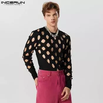 INCERUN Мужские клубные топы с длинными рукавами и вырезами