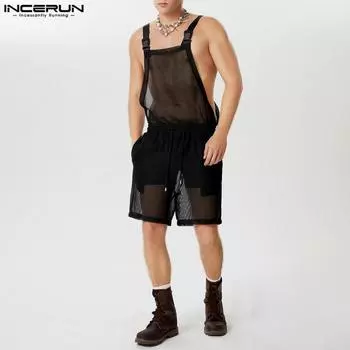 INCERUN Мужские комбинезоны без рукавов для вечеринок, прозрачные короткие комбинезоны S белый