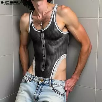 INCERUN Мужские комбинезоны без рукавов из полупрозрачного кружева с полосатым принтом S