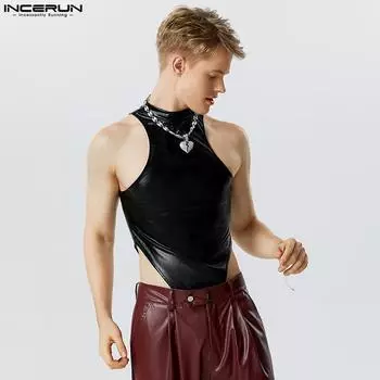 INCERUN Мужские комбинезоны без рукавов, приталенные комбинезоны с мокрым эффектом 4XL чёрный