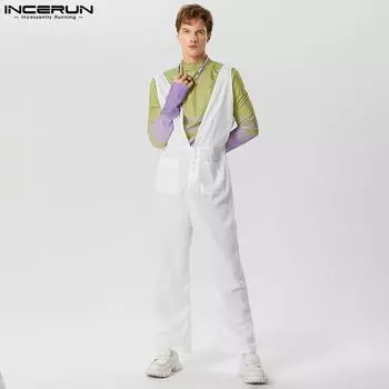 INCERUN Мужские комбинезоны без рукавов с глубоким V-образным вырезом, однотонные длинные комбинезоны XL чёрный