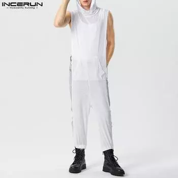 INCERUN мужские комбинезоны без рукавов с капюшоном, сетчатые прозрачные боди