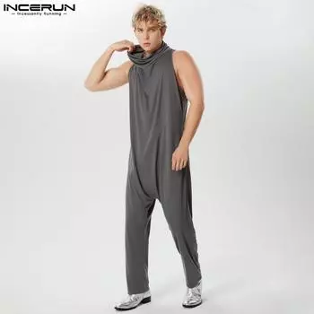 INCERUN мужские комбинезоны без рукавов с высоким воротником, длинные комбинезоны с заниженным шаговым швом S чёрный