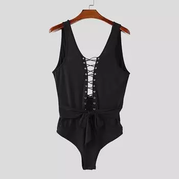 INCERUN Мужские комбинезоны боди без рукавов с вырезами, на шнуровке 2XL чёрный