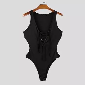 INCERUN Мужские комбинезоны-боди с глубоким U-образным вырезом, без рукавов, на шнуровке, с бандажом, облегающие