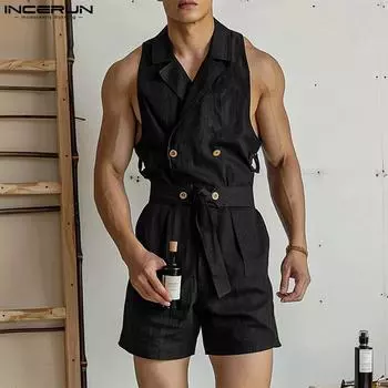 INCERUN мужские комбинезоны без рукавов с бандажом и талией, короткие комбинезоны 3XL чёрный