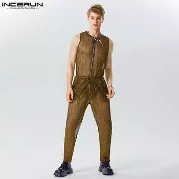 INCERUN Мужские комбинезоны на молнии без рукавов, длинные брюки, прозрачные комбинезоны