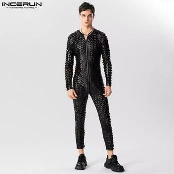 INCERUN Мужские комбинезоны на молнии с длинными рукавами, обтягивающие комбинезоны с отверстиями