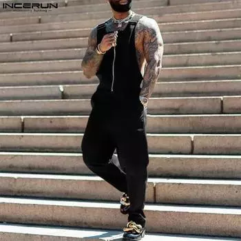 INCERUN Мужские комбинезоны на молнии с подтяжками, регулируемые лямки, длинные шаровары 4XL чёрный